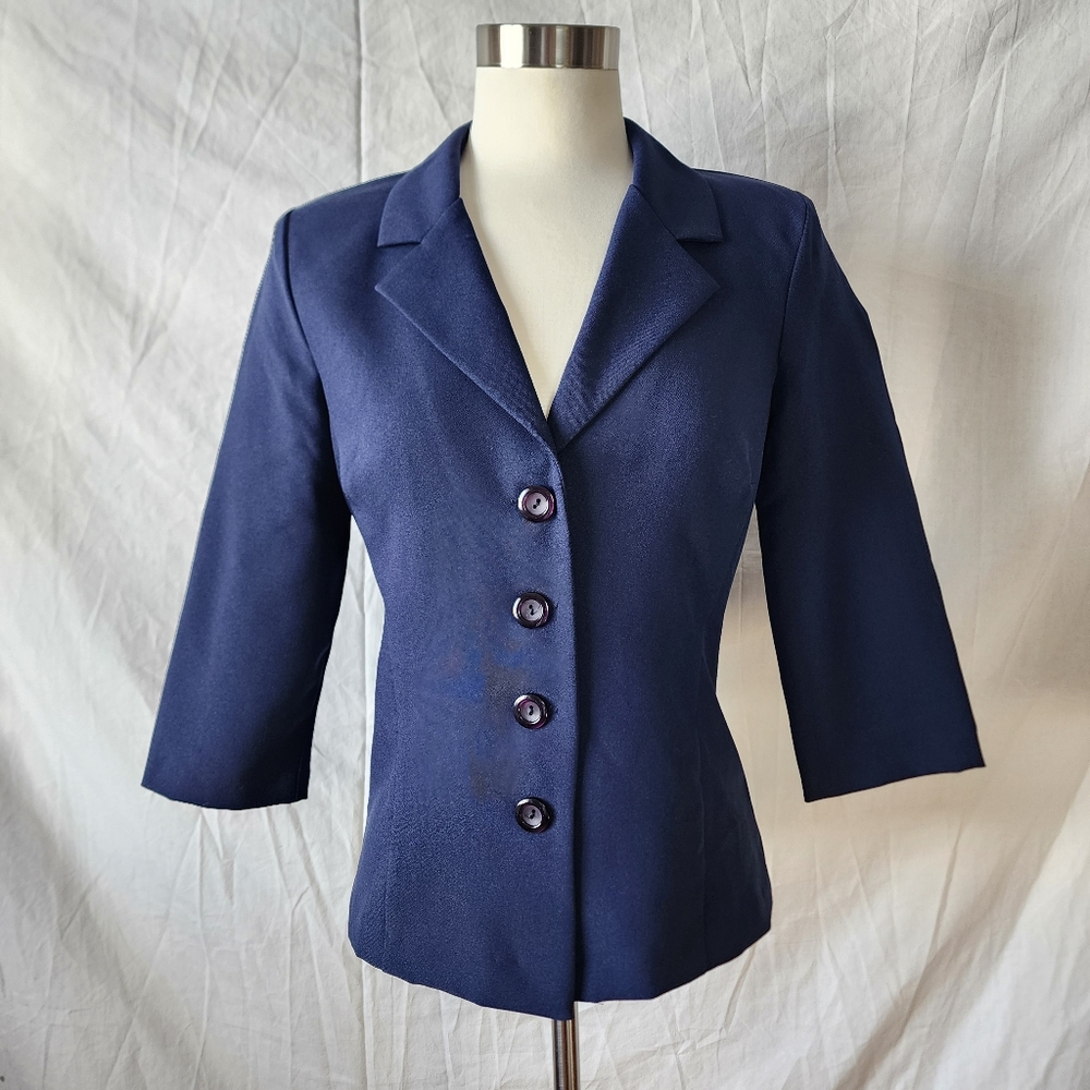 Vintage Navy Blue Button Up 3/4 Length Sleeve Blazer / Blouse